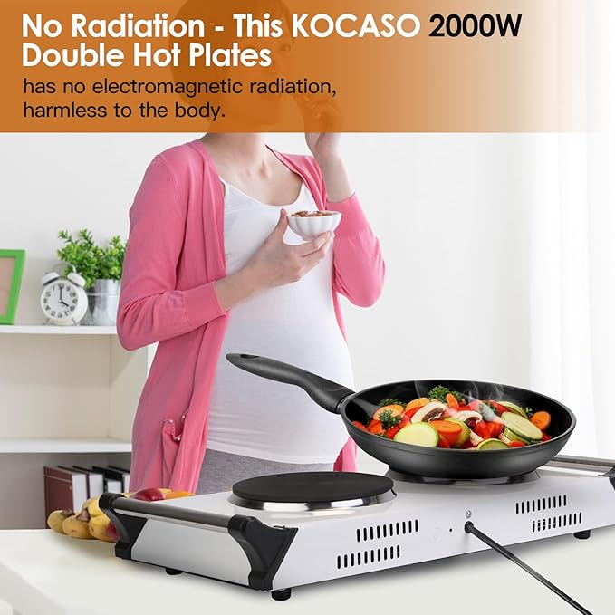 Electric Hot Plate for Cooking, 2000W Portable Cooking Stove Countertop Dual Burner Cooktop, Adjustable Temperature Control for All Cookwares Home Camp RV, Easy to Clean (Silver)