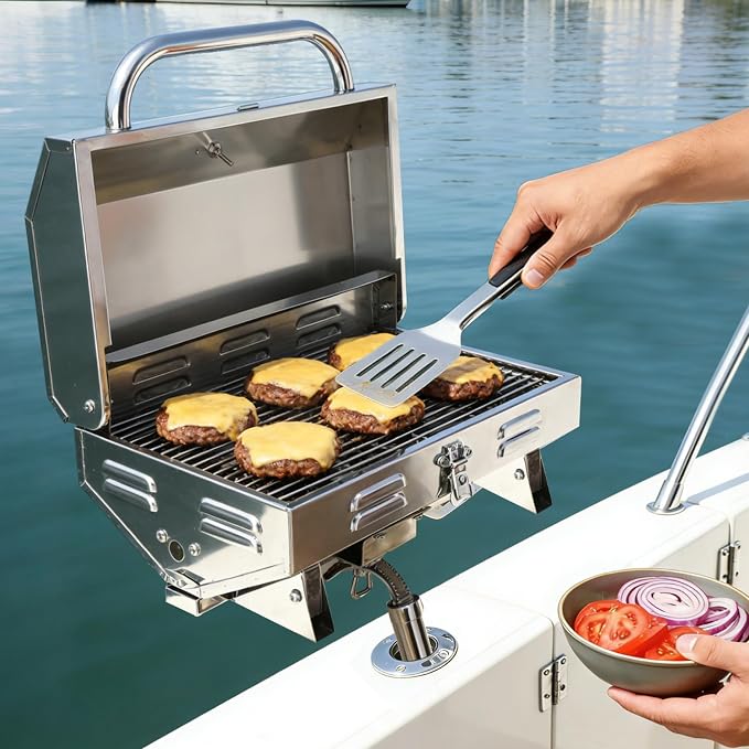 304 Stainless Steel Boat Grill, Portable Propane Marine Grill with Rod Holder Mount, Pontoon Boat BBQ Grill, 208 Sq.In Cooking Area