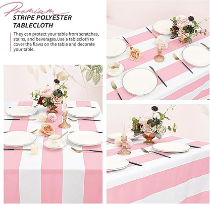 2 Pack Pink and White Striped Tablecloth Rectangle 60x84inch Polyester Fabric Washable Table Cloth for Afternoon Tea Birthday Party Picnic Barbecue Gathering Indoor Outdoor Dining Table Decor