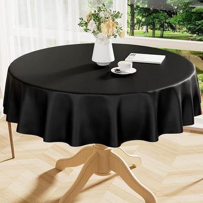 Smiry Round Table Cloth 70 Inch, Waterproof Wipeable Vinyl Tablecloths Protector, Oil Spill Proof Plastic Table Cover for Dining, Picnic, Camping, Outdoor, Black