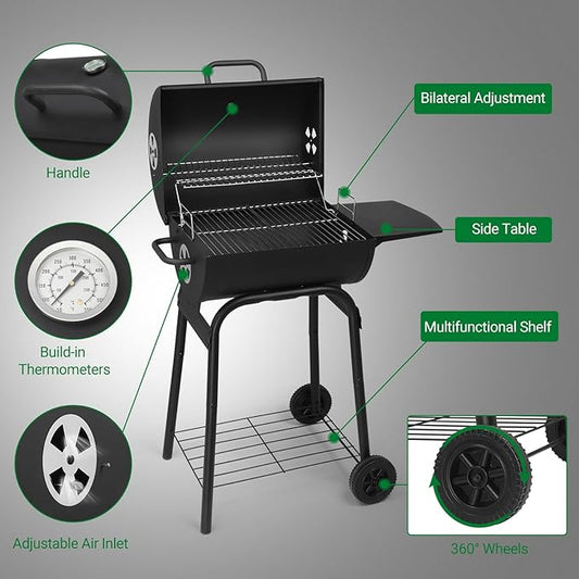 Outvita Barrel Charcoal Grill with Warming Rack, Outdoor BBQ Grill with Side Table with Nearly 268 Sq.In. Cooking Grid Area for Backyard Patio Picnic Parties Camping, Black