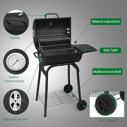Outdoor BBQ Charcoal Grill, Portable Barrel Charcoal Grill 500 Sq. in. Cooking Area with Side Table & Wheels for Patio Backyard Picnic Cooking Camping