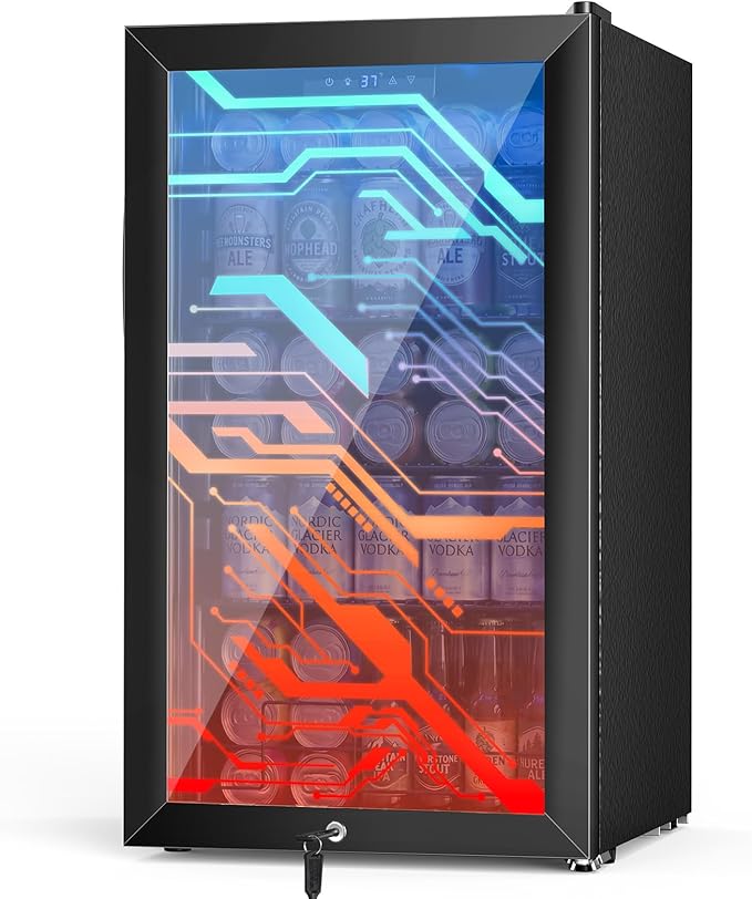 17" Beverage Refrigerator with LED Light Up Door – 128 Can Freestanding Drink Fridge, Small Beer Cooler with 4 Removable Shelves, Child Safety Lockfor Gaming Room Home Bar Party,Cyberpunk