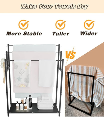 Mondazie 44” Free Standing Towel Racks for Bathroom Towel Storage, Black | 3 Tier Oversized Pool Towel Drying Rack Outdoor, Blanket Ladder Holder with Shelf & 6 Hooks for Bedroom Living Room Poolside