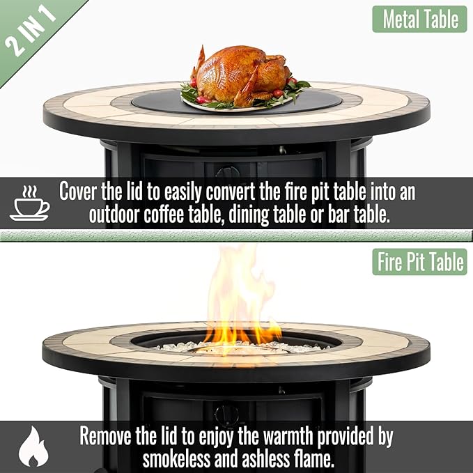 KEIKI 30 Inch Mosaic Ceramic Propane Fire Pit Table, Round Outdoor Gas Fireplace, Steel Patio Heater for Garden Deck
