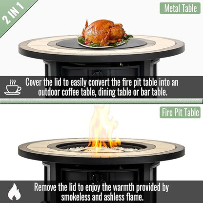 KEIKI 30 Inch Mosaic Ceramic Propane Fire Pit Table, Round Outdoor Gas Fireplace, Steel Patio Heater for Garden Deck