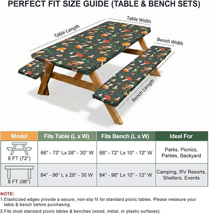 Picnic Table Cover with Bench Covers Windproof Waterproof Picnic Table Covers Camping Tablecloth with Self-Storage Bag, 72in, Black Red