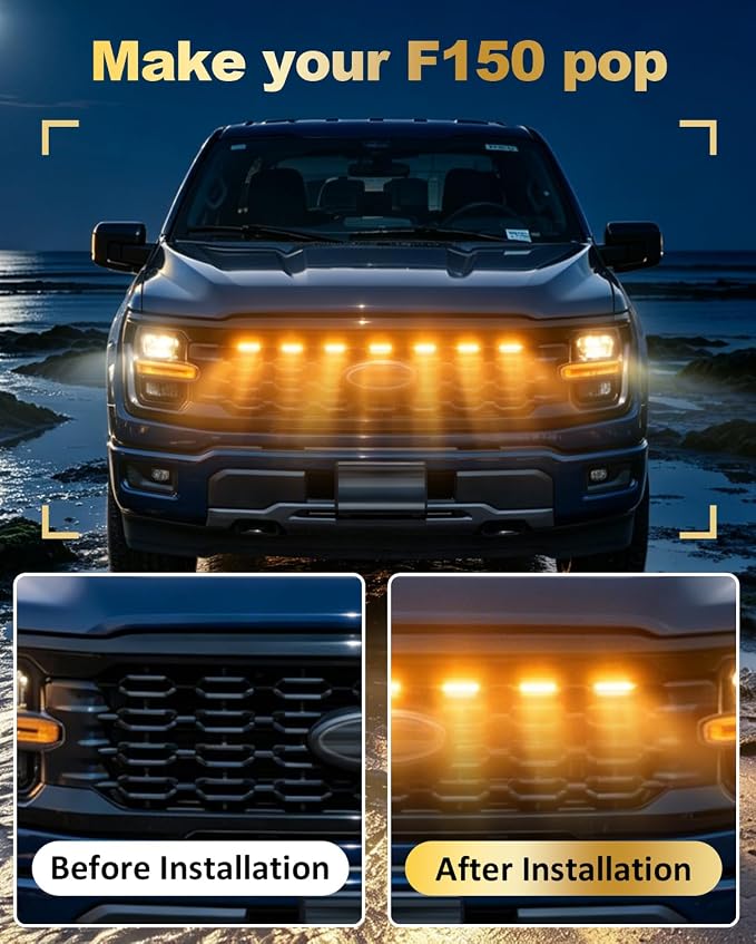 Front Grill Raptor Lights for Ford F150 2024 2025 2026 (Yellow, STX) | 5th Gen F150 Grille Marker Lights, Waterproof F150 LED Lights Accessories, Snap-in Installation, OEM Style, Off-road Driving