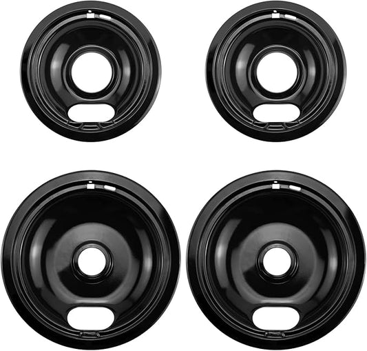 W10290350 W10290353 Burner Porcelain Drip Pans Set Replacement by APPLIANCEMATES Fits whirlpool Electric Range Stove Top Drip Bowls 4-Pack Includes 2 Large 8-Inch and 2 Small 6-Inch (Black)