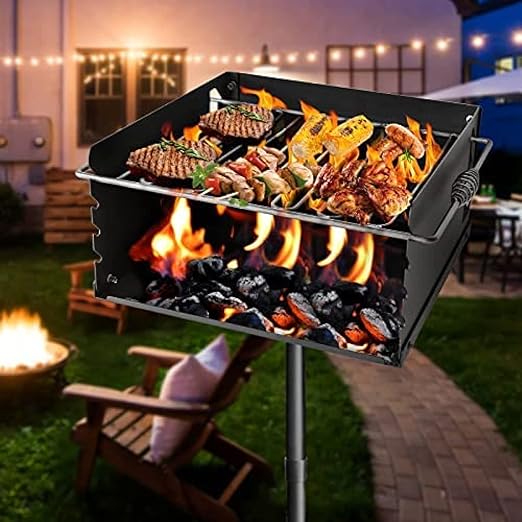 Park-Style Charcoal Grill, Heavy Duty Steel Outdoor BBQ Grill with Grate and Plate, Single Post Carbon Steel Park Grill for BBQ, Camping, Backyard,16x16 Inch