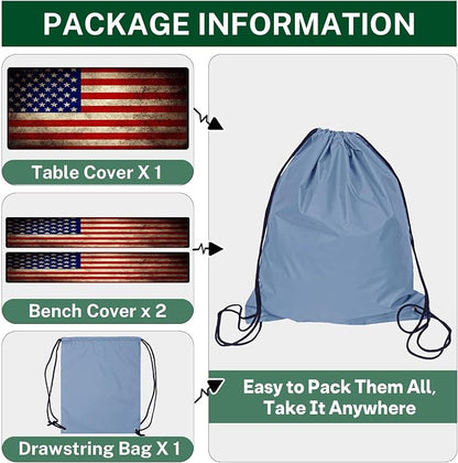 Picnic Table Cover with Bench Covers Elastic Edges, American Flag Fitted Table Cover, Outdoor Patio Camping Essentials 72 Inch 3PCS, Waterproof Camping Fitted Tablecloth with Drawstring Bag