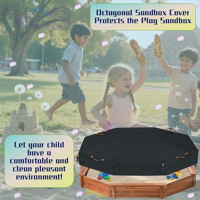 Octagonal Sandbox Cover, Windproof and Dustproof with Adjustable Hook and Loop for Stabilization, 420D Waterproof Oxford Fabric, Protect Outdoor Garden Kids Sandbox Sand and Toys (Black, 84"X78"X9"