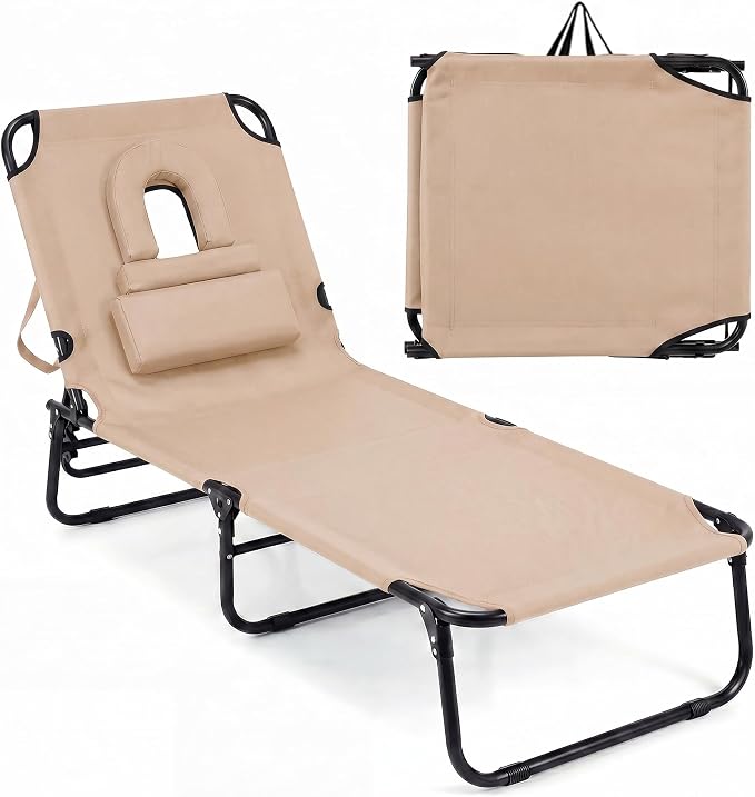 Goplus Tanning Chair, Folding Beach Lounge Chair with Face Hole, Removable Pillow, Carry Strap, Position Adjustable, Sunbathing Chair, Portable Outside Lounge Chair for Patio Pool