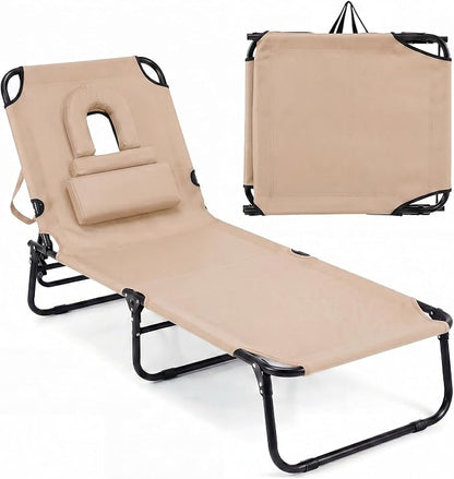 Goplus Tanning Chair, Folding Beach Lounge Chair with Face Hole, Removable Pillow, Carry Strap, Position Adjustable, Sunbathing Chair, Portable Outside Lounge Chair for Patio Pool