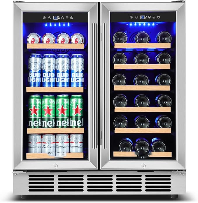 30 Inch Dual Zone Wine and Beverage Refrigerator Built-in | Under Counter Wine Fridge with Glass Door, Holds 30 Bottles and 110 Cans, Quiet Cooling for Wine, Beer, Soda, Kitchen, Home