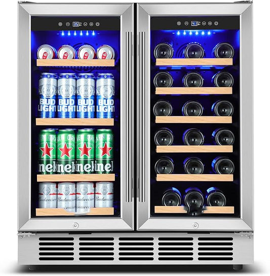 30 Inch Dual Zone Wine and Beverage Refrigerator Built-in | Under Counter Wine Fridge with Glass Door, Holds 30 Bottles and 110 Cans, Quiet Cooling for Wine, Beer, Soda, Kitchen, Home