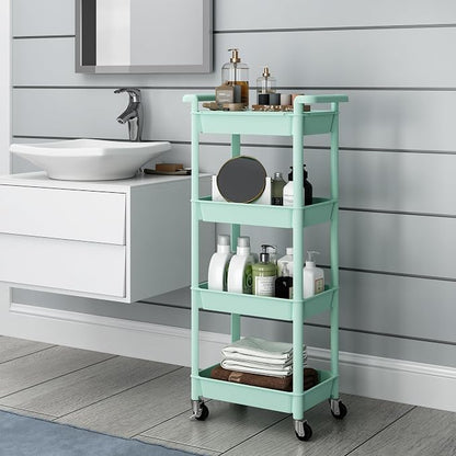 STEEHOOM Utility cart with Tabletop 4 Tier Rolling Cart Organizer with Wheels Movable Storage Cart for Office, Living Room, Kitchen, Craft Room, Green