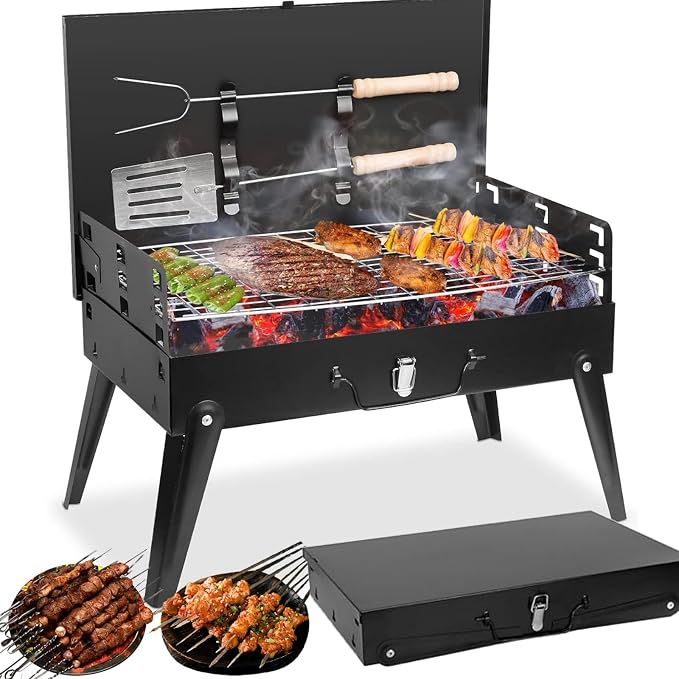 Mini Portable Charcoal Grill, Foldable Camping Mini Grill for Outdoor Cooking, Compact Design Barbecue Accessories with Barbecue Tools, Perfect for Beach, Backyard, Picnics