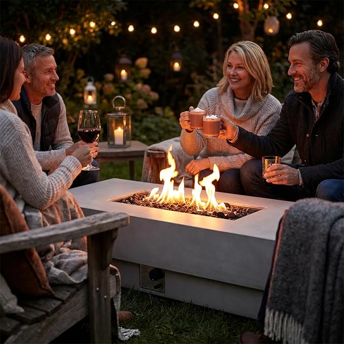 60-inch Outdoor Propane Fire Pit Coffee Table with Tank Cover, 50,000 BTU Concrete Rectangle Modern Outside Fire Table, Auto-Ignition, Included Lava Rocks, Metal Lid & Waterproof Cover