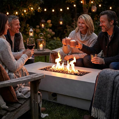 60-inch Outdoor Propane Fire Pit Coffee Table with Tank Cover, 50,000 BTU Concrete Rectangle Modern Outside Fire Table, Auto-Ignition, Included Lava Rocks, Metal Lid & Waterproof Cover