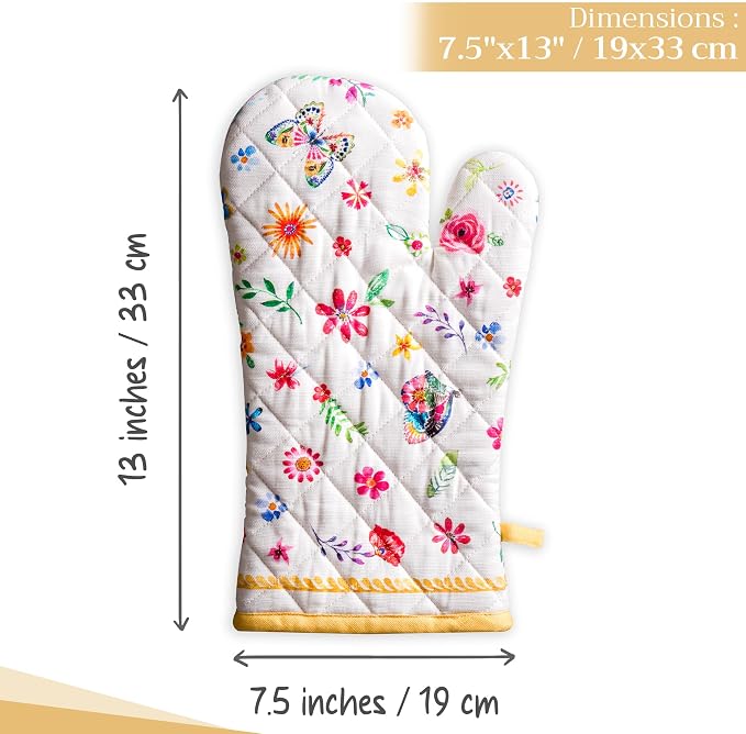Maison d'Hermine Oven Gloves 100% Cotton Oven Mitt (7" x 13", Pack of 1) | With Loop Heat Resistant BBQ Cooking Gloves Baking Grilling Kitchen Handling Hot Pans Spring Summer - Happy Florals - Sweety