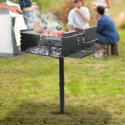 Park Style Heavy Duty Steel Outdoor BBQ Charcoal Grill with Stainless Steel Cooking Grate, Adjustable Height Single Post Outdoor Grill for Camping Barbecues