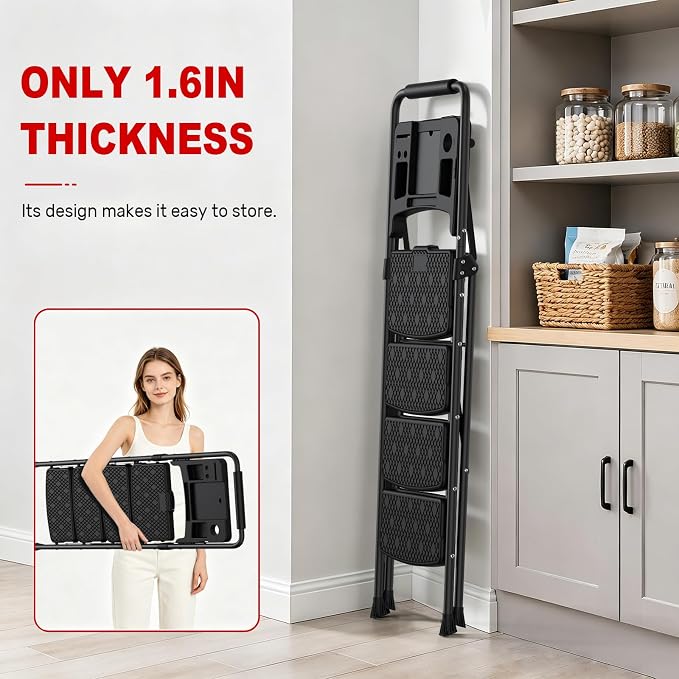 4 Step Ladder, Anautin Folding Step Stool with Tool Tray, Wide Anti-Slip Pedals, Heavy Duty Steel Step Ladder with Handrails, Portable Foldable Ladder for Kitchen Closet Garage Home 600lbs Capacity