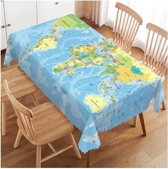 Swono World Map 52"X70" Oblong Table Cloth Earth World Map with Countries Oceans Lakes Wrinkle Free Table Cover Farmhouse Tablecloth for Home Restaurant Picnic Indoor Outdoor Dining