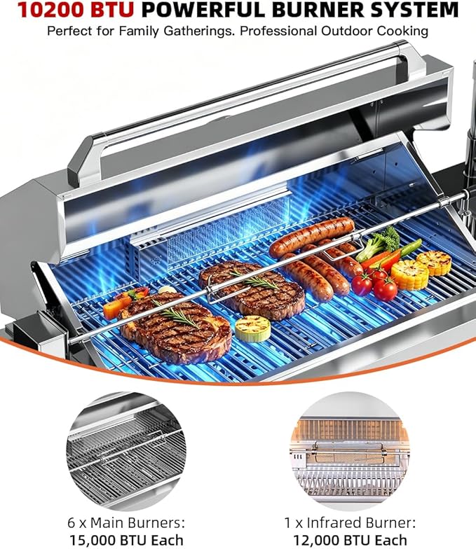 Outdoor Kitchen Island Barbecue Grill with Refrigerator & Rotisserie, Heavy-Duty Stainless Steel Freestanding Grills Station, Weather-Resistant Cooking Cabinet for Backyard & Summer Propane Gas