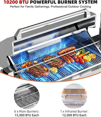 Outdoor Kitchen Island Barbecue Grill with Refrigerator & Rotisserie, Heavy-Duty Stainless Steel Freestanding Grills Station, Weather-Resistant Cooking Cabinet for Backyard & Summer Propane Gas