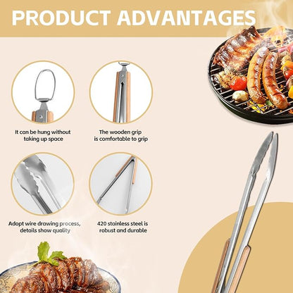 14 Inch Stainless Steel Grill Tongs with Wooden Handle, Non-Slip Locking Barbecue Tongs for Cooking Flipping Serving, Heat-Resistant Kitchen Tongs for Outdoor Grilling, Indoor Cooking, Buffet