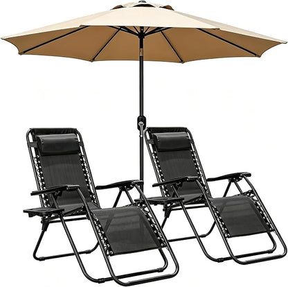 Zero Gravity Chairs Set of 2 with 9FT Patio Umbrella, Adjustable Folding Outdoor Recliner with Pillow & Cup Holder, Waterproof UV Protection Market Umbrella for Pool, Beach, Patio, Camping