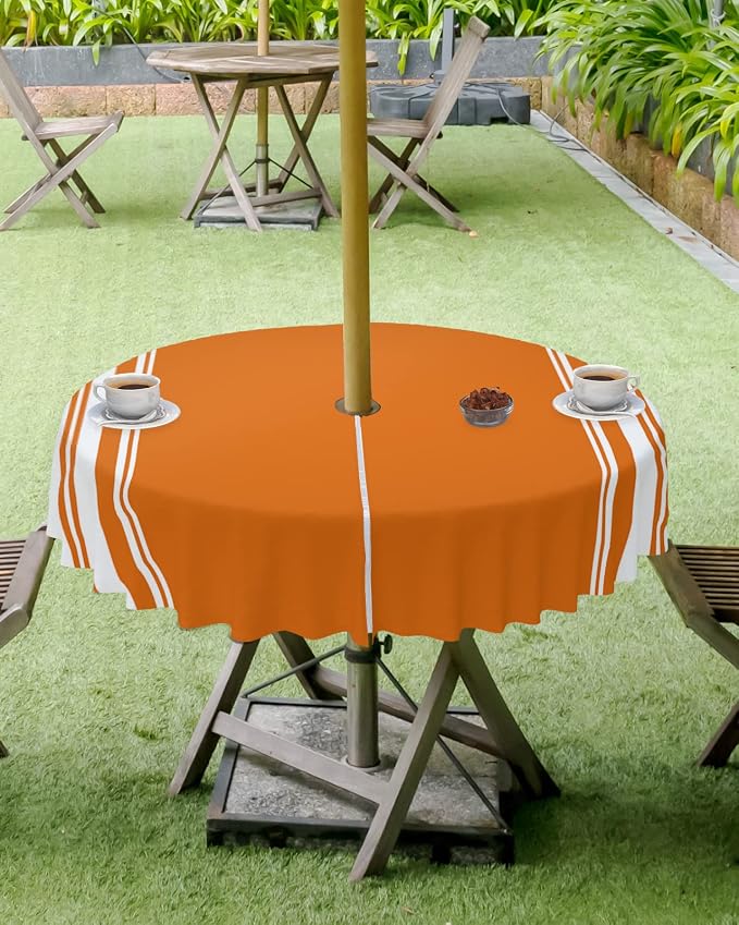 Queenker Fall Outdoor Tablecloth with Umbrella Hole, Farmhouse Orange White Stripe Round Tables Zippered Table Cloth Waterproof Tabletop Cover Collection for Patio, Garden, Picnic, Camping, Dining