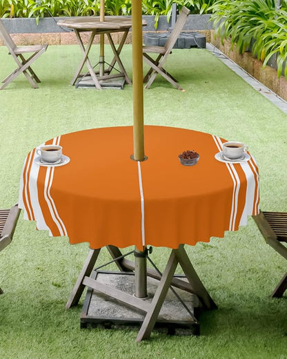 Queenker Fall Outdoor Tablecloth with Umbrella Hole, Farmhouse Orange White Stripe Round Tables Zippered Table Cloth Waterproof Tabletop Cover Collection for Patio, Garden, Picnic, Camping, Dining