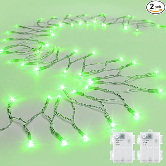 String Lights Outdoor Waterproof 9.8ft 30 LED, Green Battery Operated Halloween Lights with Timer Clear Wire for Indoor & Outdoor Christmas Halloween St.Patric Decorations Garland Party Garden 2 Packs
