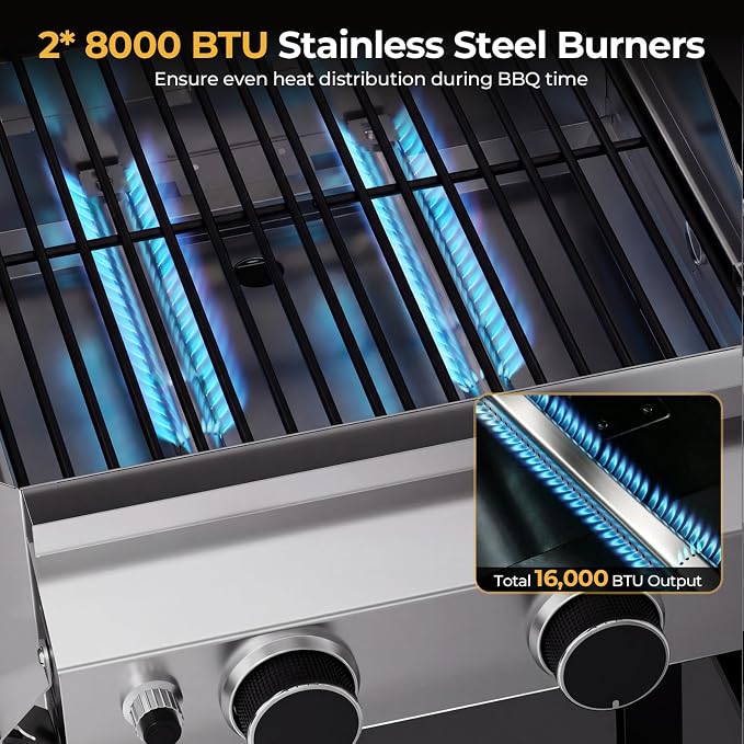 Electactic 2 Burner Propane Gas Grill, 16,000 BTU Stainless Steel BBQ Grill with Folding Side Tables, Convertible to Tabletop Design, Enameled Cast Iron Grates, Barbecue Grill for Camping, Patio