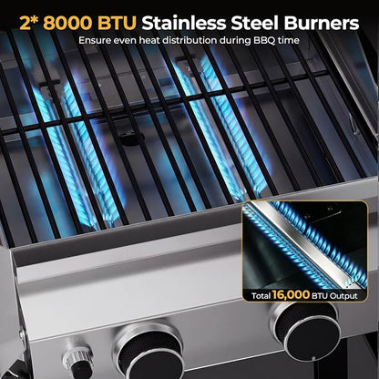 Electactic 2 Burner Propane Gas Grill, 16,000 BTU Stainless Steel BBQ Grill with Folding Side Tables, Convertible to Tabletop Design, Enameled Cast Iron Grates, Barbecue Grill for Camping, Patio