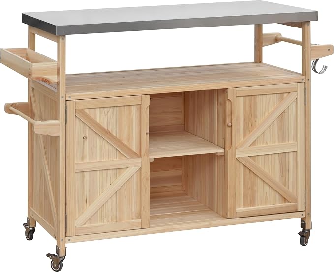 Ball & Cast Outdoor Kitchen Island,Rolling Bar Cart & Storage Cabinet,Farmhouse Solid Wood Outdoor Grill Table with Stainless Steel Top,Spice and Towel Rack,for Kitchen,Barbecue,Natural,50.25"