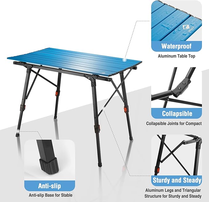 VILLEY Portable Camping Table with Adjustable Legs, Lightweight Aluminum Folding Beach Table with Carrying Bag for Outdoor Cooking, Picnic, Beach, Backyards, BBQ and Party - Blue