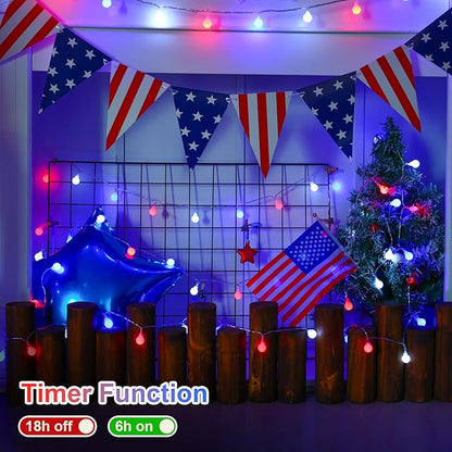 QITONG Red White and Blue Globe String Lights Outdoor, 33ft 100 LED 4th of July Globe Lights with Plug in, 8 Modes Clear String Lights for Indoor Patriotic Memorial Independence Day Decor