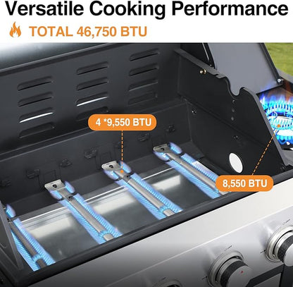 4 Burner Propane Gas Grill, 49,000 BTU Outdoor BBQ Grill with Cast Iron Grates & Griddle Combo, Large Cooking Area with Side Burner, Pullout Grease Tray, Portable for Backyard Patio
