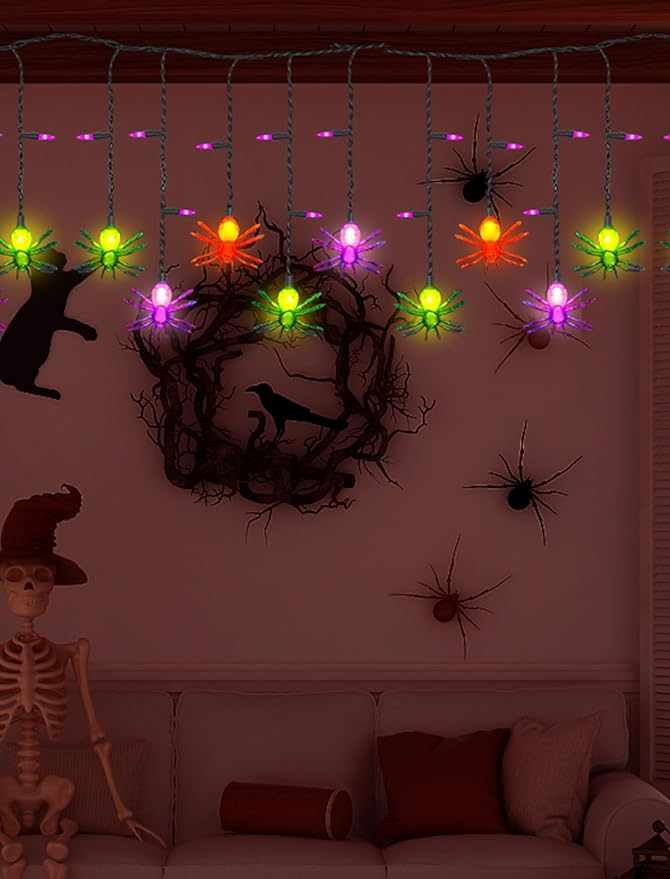 7Ft Halloween Spider Curtain String Lights Outdoor Waterproof, 25LED Plug-in Halloween Decorations with 10 Colorful Spider Lights, Spooky Party Decor for Haunted House, Patio, Porch, Yard, Window