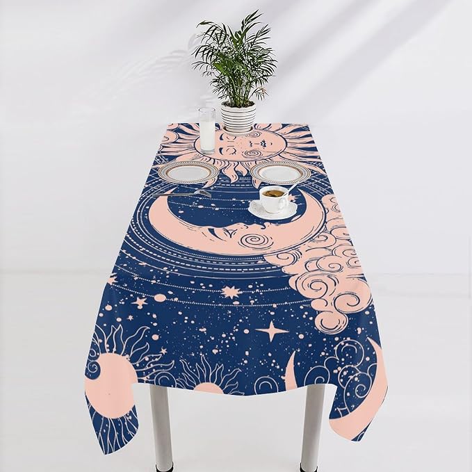 Moon Sun Tablecloth Vintage Boho Celestial Star Magical Galaxy Space Table Cloth Water Resistant Wipeable Table Cover for Farmhouse Picnic Party Holiday Kitchen Dinner Table 55"x55"