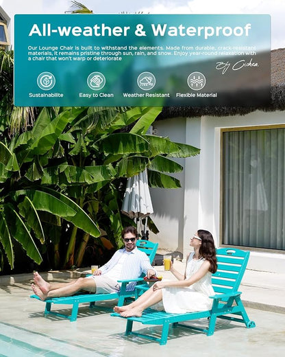 Ciokea Outdoor Chaise Lounge Chair Set of 2, Patio Lounge Chairs for Outside, HDPE Lounge Chair with Wheels & Cup Holder, Poly Chair with 5 Position for Poolside, Deck, Lake Blue