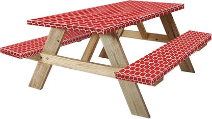 KENOBE 8ft 96in Picnic Table and Bench Cover, 3 Pack, Red-White Moroccan | Waterproof, Windproof, Elastic Fitted Edges Tablecloth, for Rectangle Table & Seat, Camping Essentials RV Gear