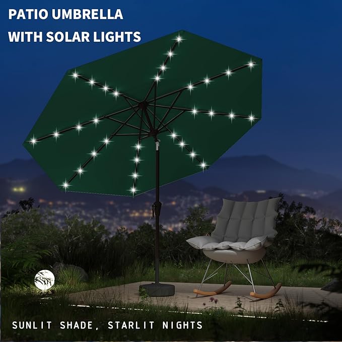 9FT Patio Umbrella with Solar Lights,Outdoor Market Umbrella with Tilt and Crank, LED Lighted Table Umbrella for Garden,Deck,Backyard,Pool,Beach (Dark Green)