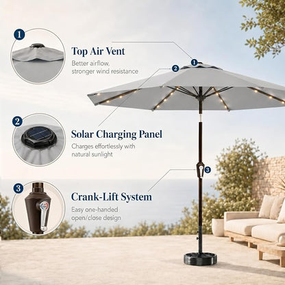 10FT Solar Patio Umbrella with Lights, Outdoor Table Market Umbrella with 32 LED Lights, 8 Sturdy Ribs, Push Button Tilt and Crank for Pool, Deck and Garden, UV-Resistant