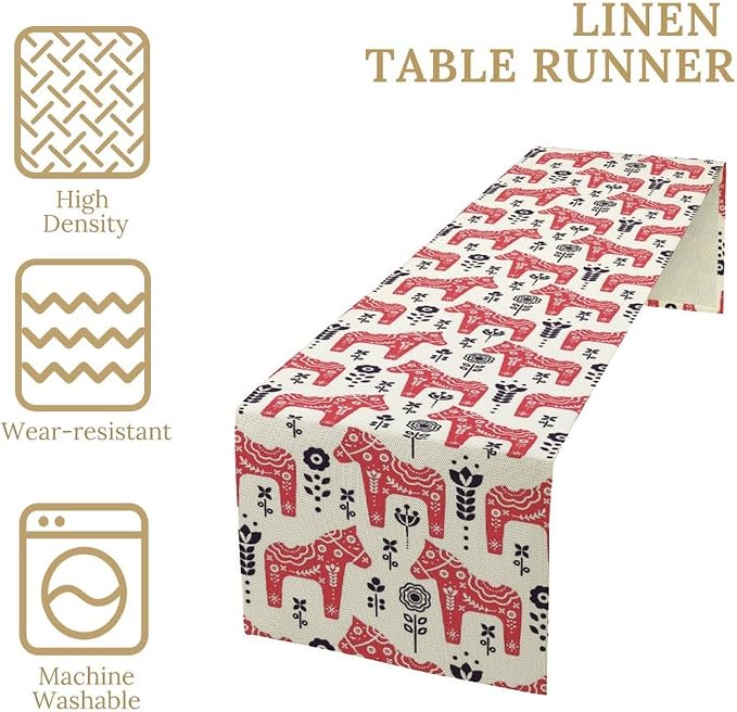 Ethnic Table Runner, Folk Inspired Swedish Dala Horse with Floral Ornaments Folklore Art Decor for Garden Farmhouse Wedding Party Holiday Dinner Home 13x60 Inch