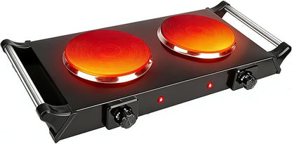 Electric Hot Plate for Cooking, 2000W Portable Cooking Stove Countertop Dual Burner Cooktop, Adjustable Temperature Control for All Cookwares Home Camp RV, Easy to Clean (Black)