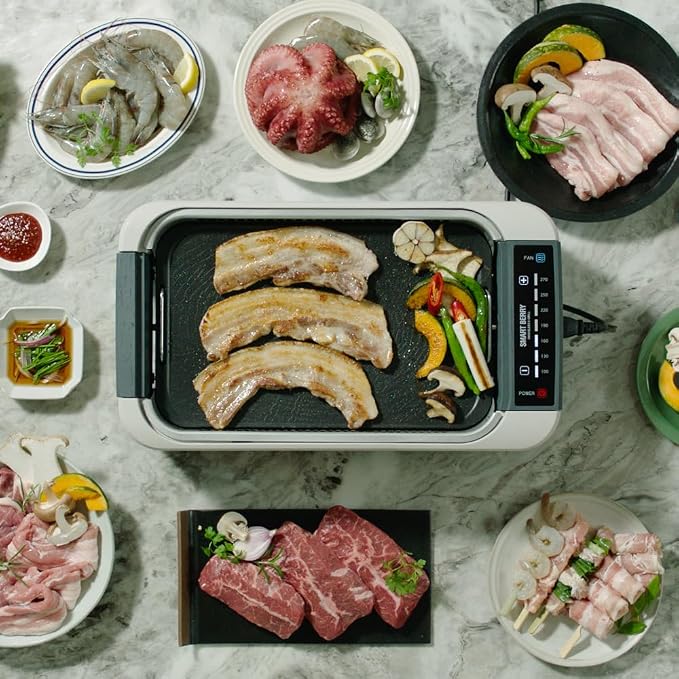SMART BERRY 3 in 1 Smokeless Electric Indoor Grill, Nonstick Grill/Griddle Plates, hot pot, Glass Lid, Portable Korean BBQ Grill with 7-Level Control, HOT POT set Black